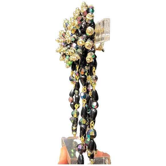 Black Iridescent Chandelier Clip On Earrings Vintage Statement - Picture 9 of 12